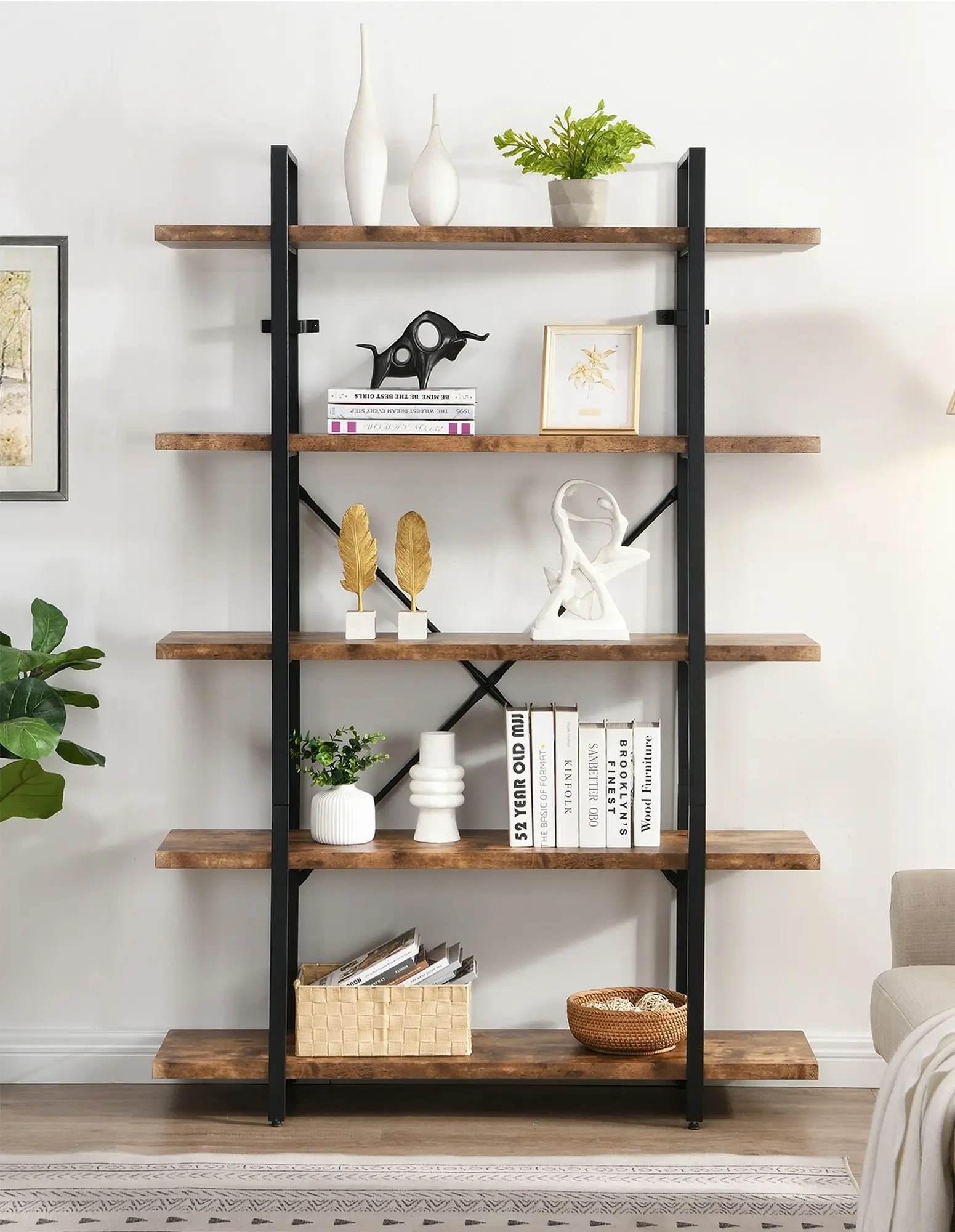 IHOMDEC 5-Tier Industrial Style Bookshelf Rustic Dark Brown