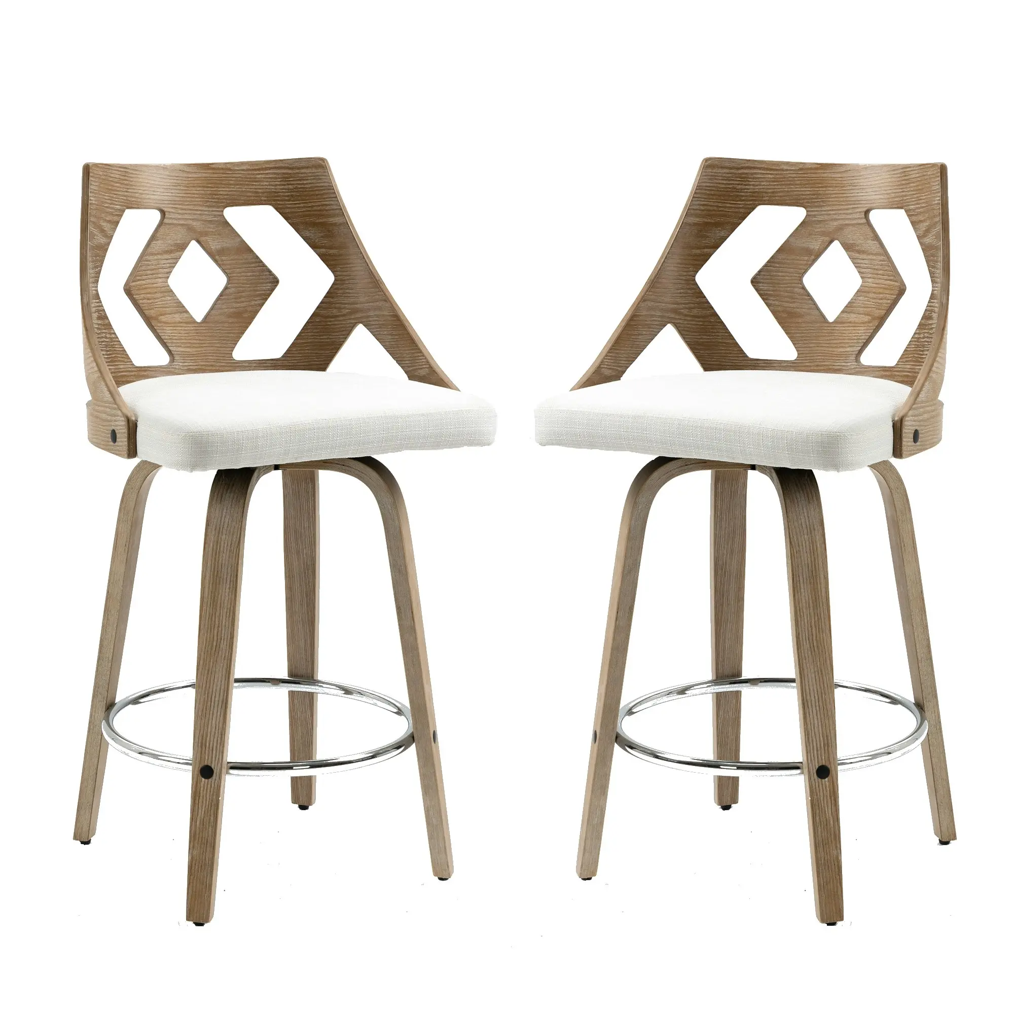 IHOMDEC Swivel Bar Stool with Cut Out Back in Beige Fabric Upholstery and White Brushed Oak Wood, 2pcs/Set