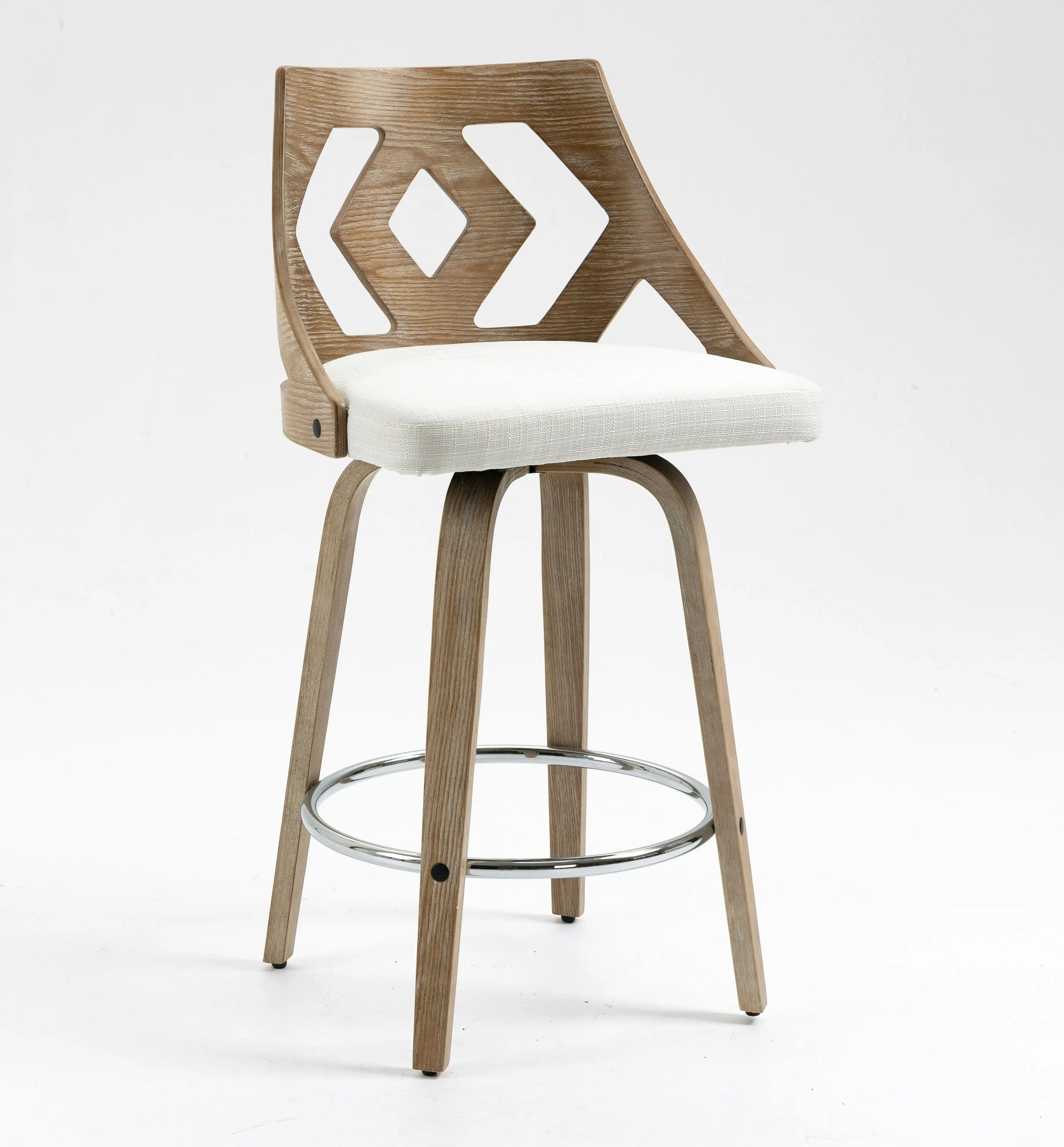 IHOMDEC Swivel Bar Stool with Cut Out Back in Beige Fabric Upholstery and White Brushed Oak Wood, 2pcs/Set