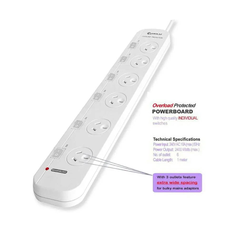 Sansai 6 Way Individually Switched Outlets Powerboard w/ Overload Protection