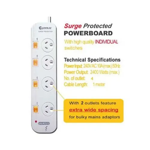 Sansai 4-Way Individually Switched Power Board Overload/Surge Protection 1m Cord