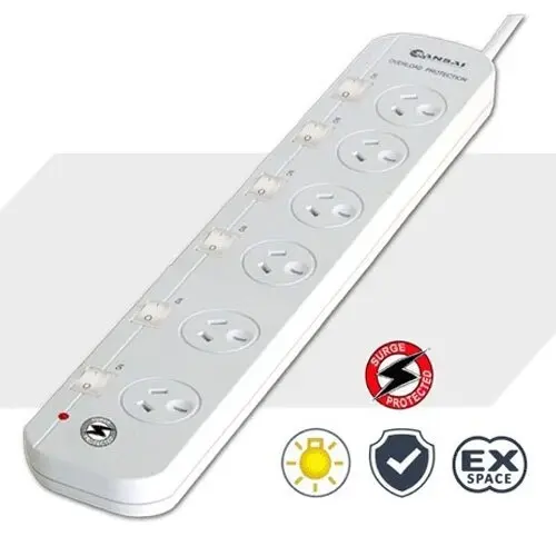 Power board 6 way Sockets Outlets Surge Protector w/ Single Switch Powerboard