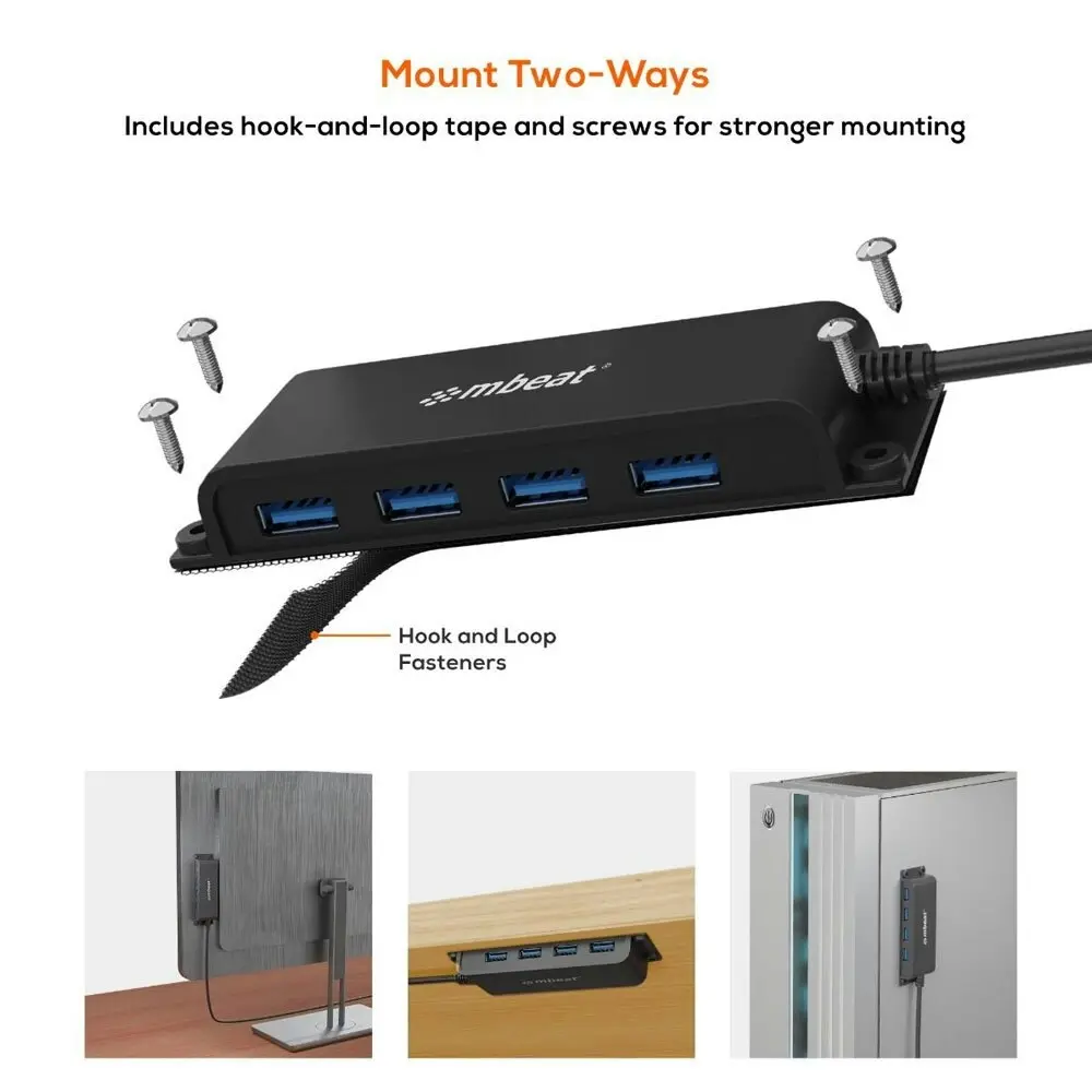 mBeat Mountable 4-Port USB-C Hub/Adapter w/4 x USB-A Female 3.0/USB-A To USB-C