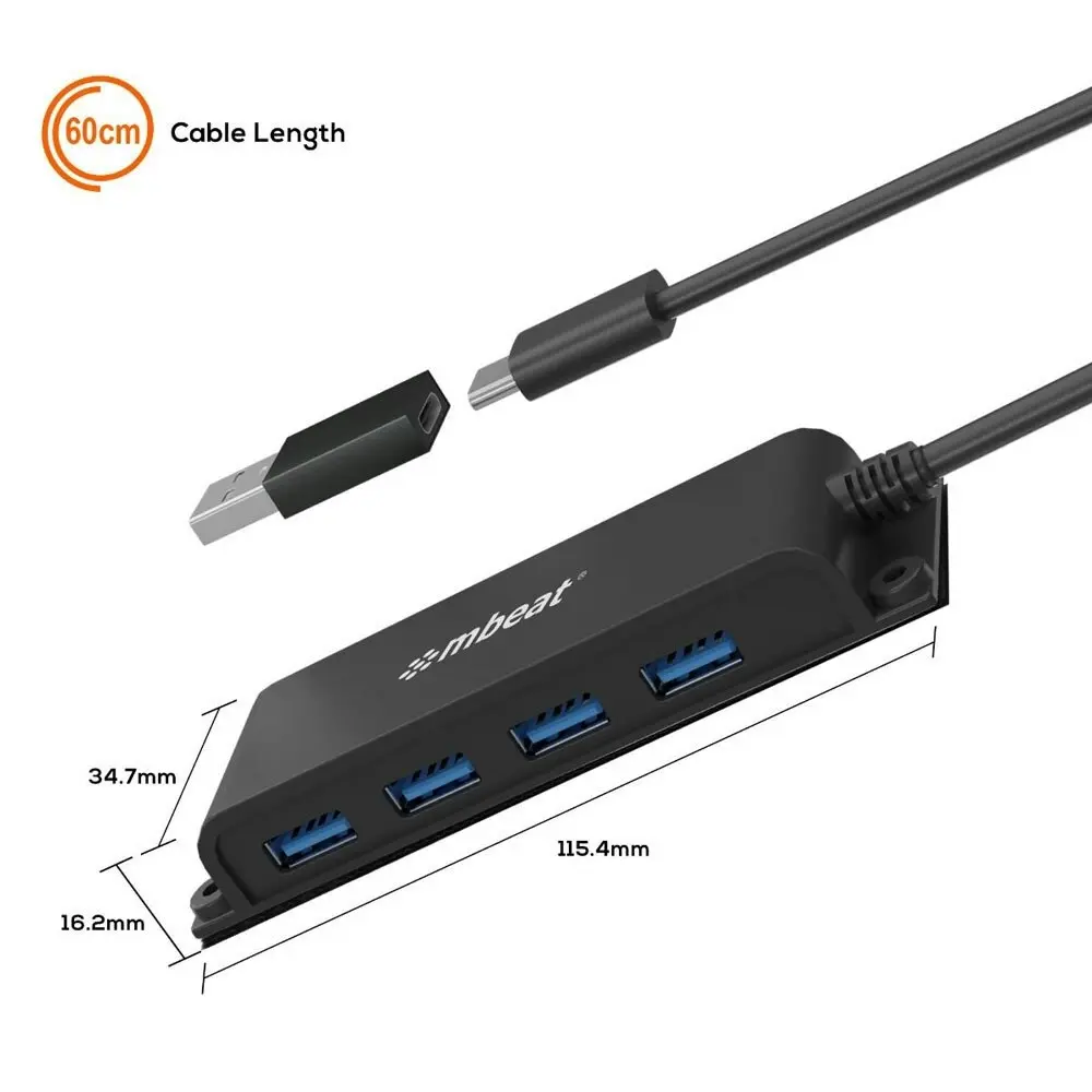 mBeat Mountable 4-Port USB-C Hub/Adapter w/4 x USB-A Female 3.0/USB-A To USB-C