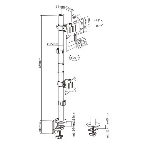 Brateck 99.6cm Dual-Screen 17'-32' Monitor Table Mount Clip Vertical Desk Pole