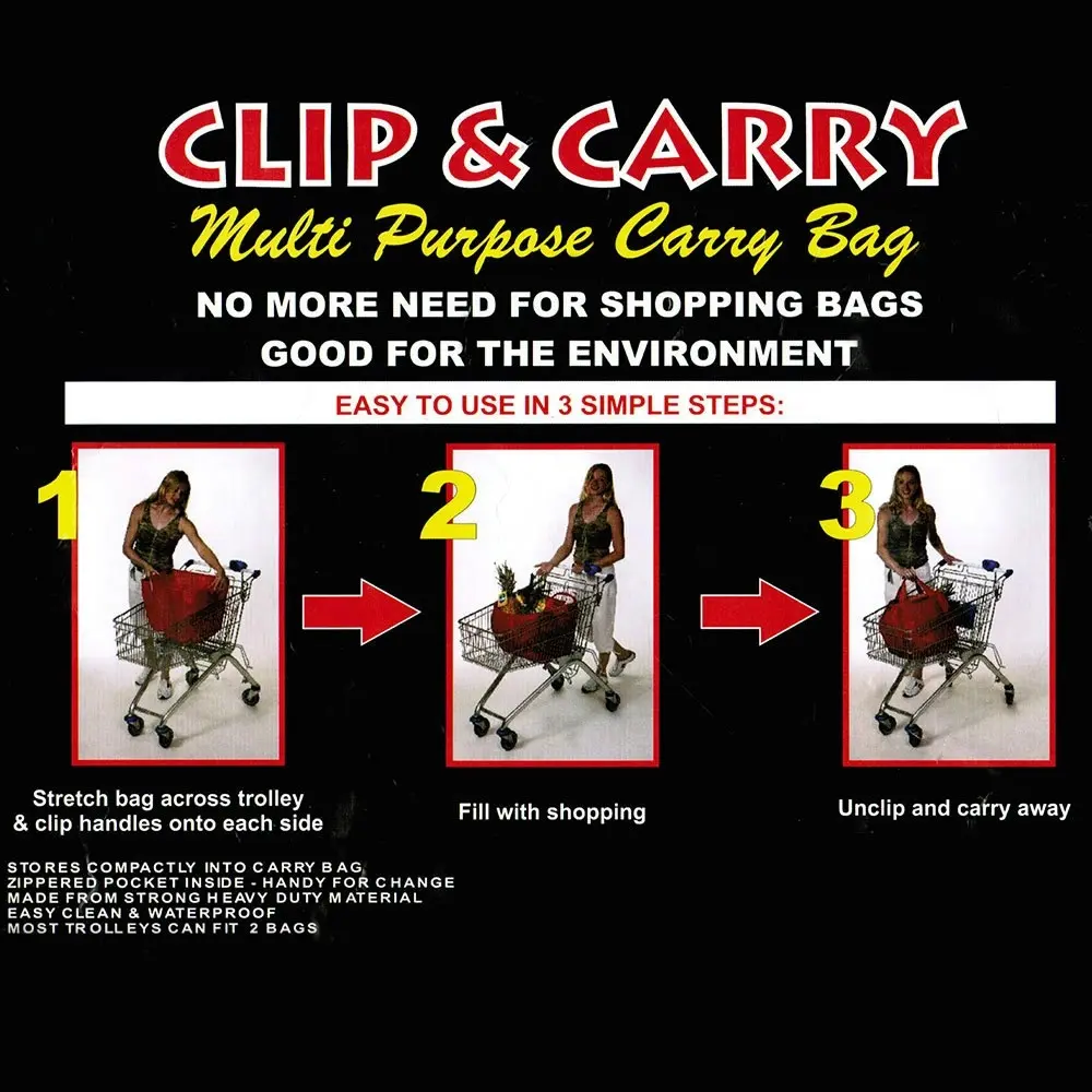 Multi Purpose Clip + Carry Bag for Shopping Trolley/Cart Waterproof Compact GRN