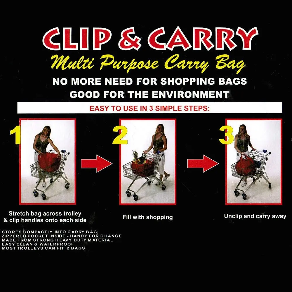 2PK Multi Purpose Clip + Carry Bag for Shopping Trolley Waterproof Compact Green