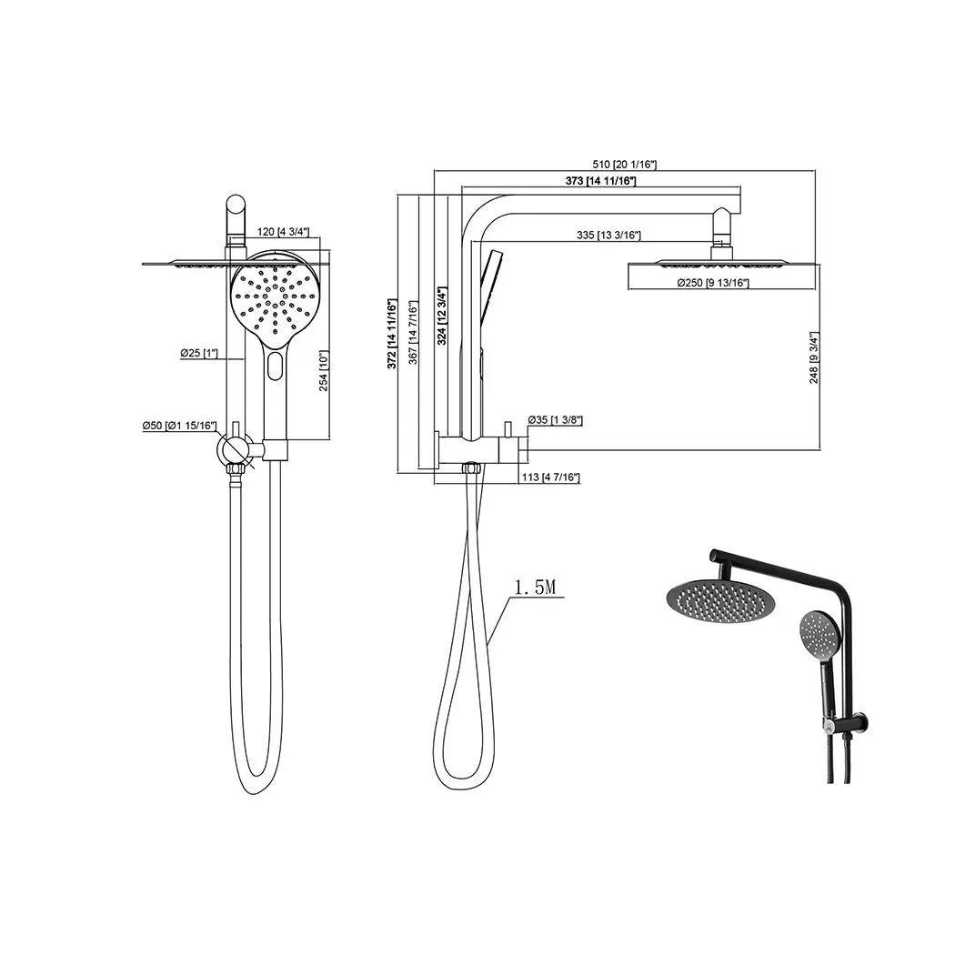 Traderight Group  High Pressure Shower Head Set Rain Round Brass Taps Mixer Handheld WELS Black