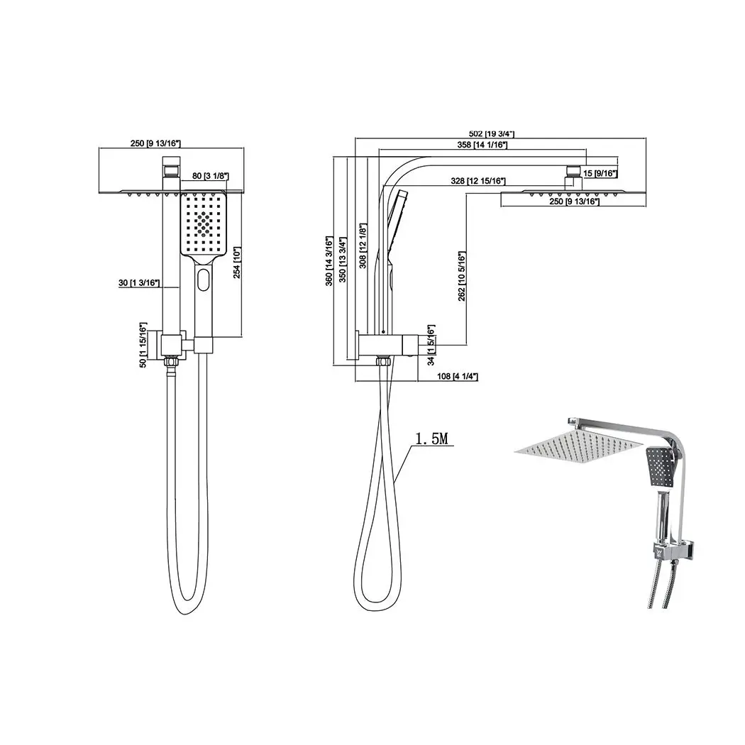 Traderight Group  High Pressure Shower Head Set Rain Square Brass Taps Mixer Handheld WELS Silver