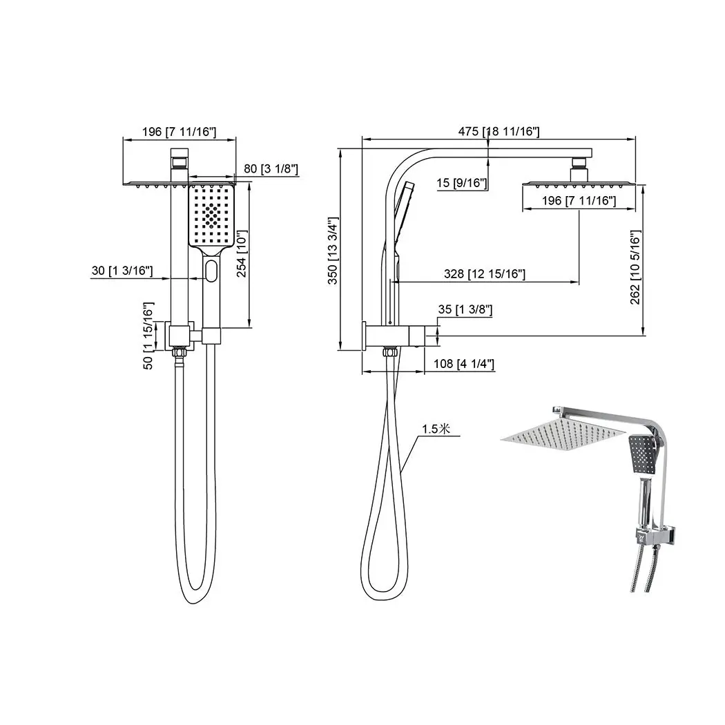 Traderight Group  Shower Head High Pressure Set Rain Square Brass Taps Mixer Handheld WELS Silver