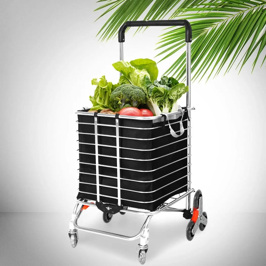 Mountview Foldable Shopping Cart Trolley Basket Grocery Portable Black 40L Wheel