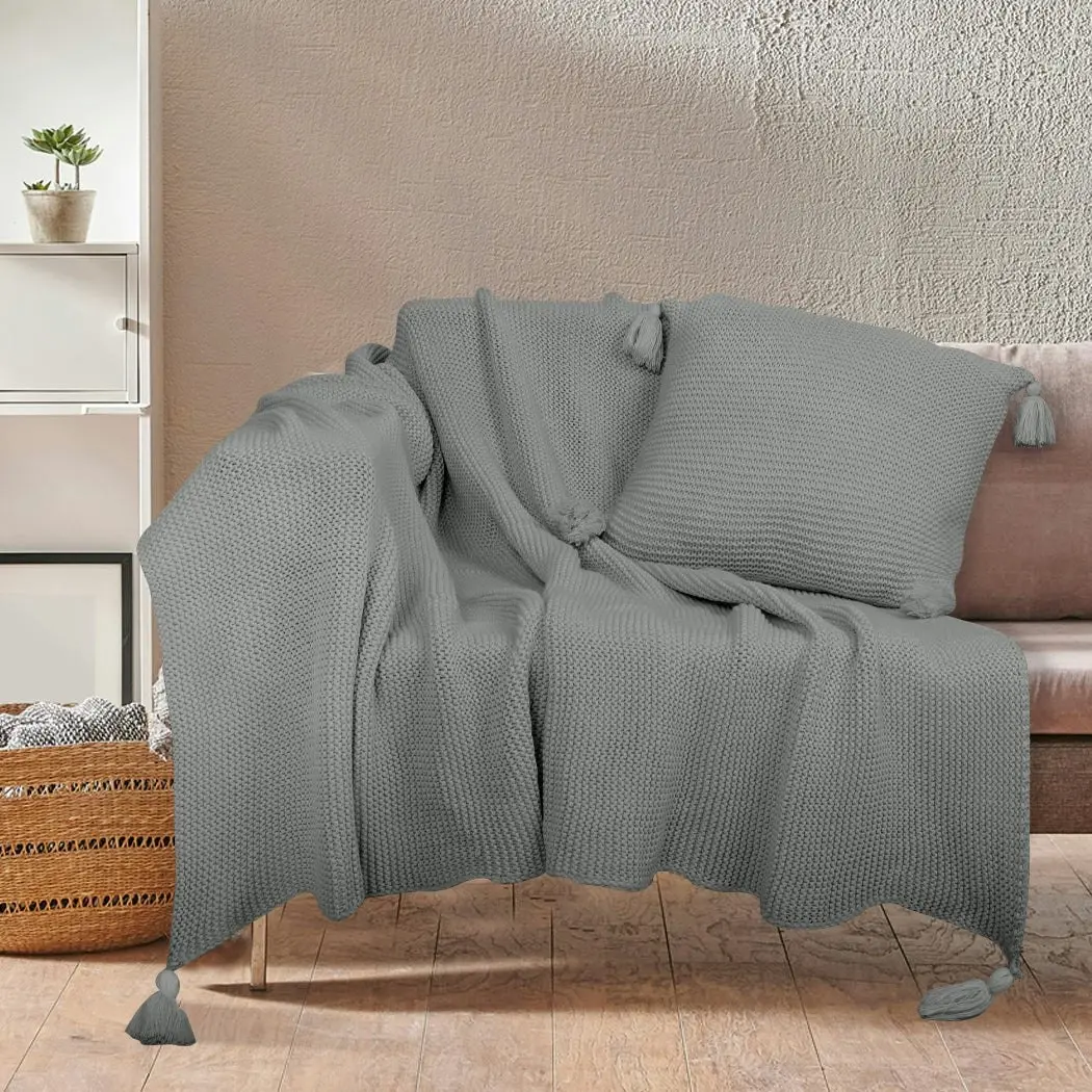 Dreamz Knitting Throw Blanket Cushion Set Pillow Tassel Fringe Sofa Bed Rug Grey