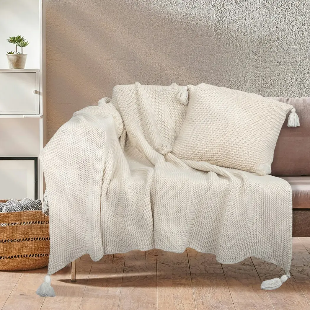 Dreamz Knitting Throw Blanket Cushion Set Pillow Tassel Fringe Sofa Bed Ivory