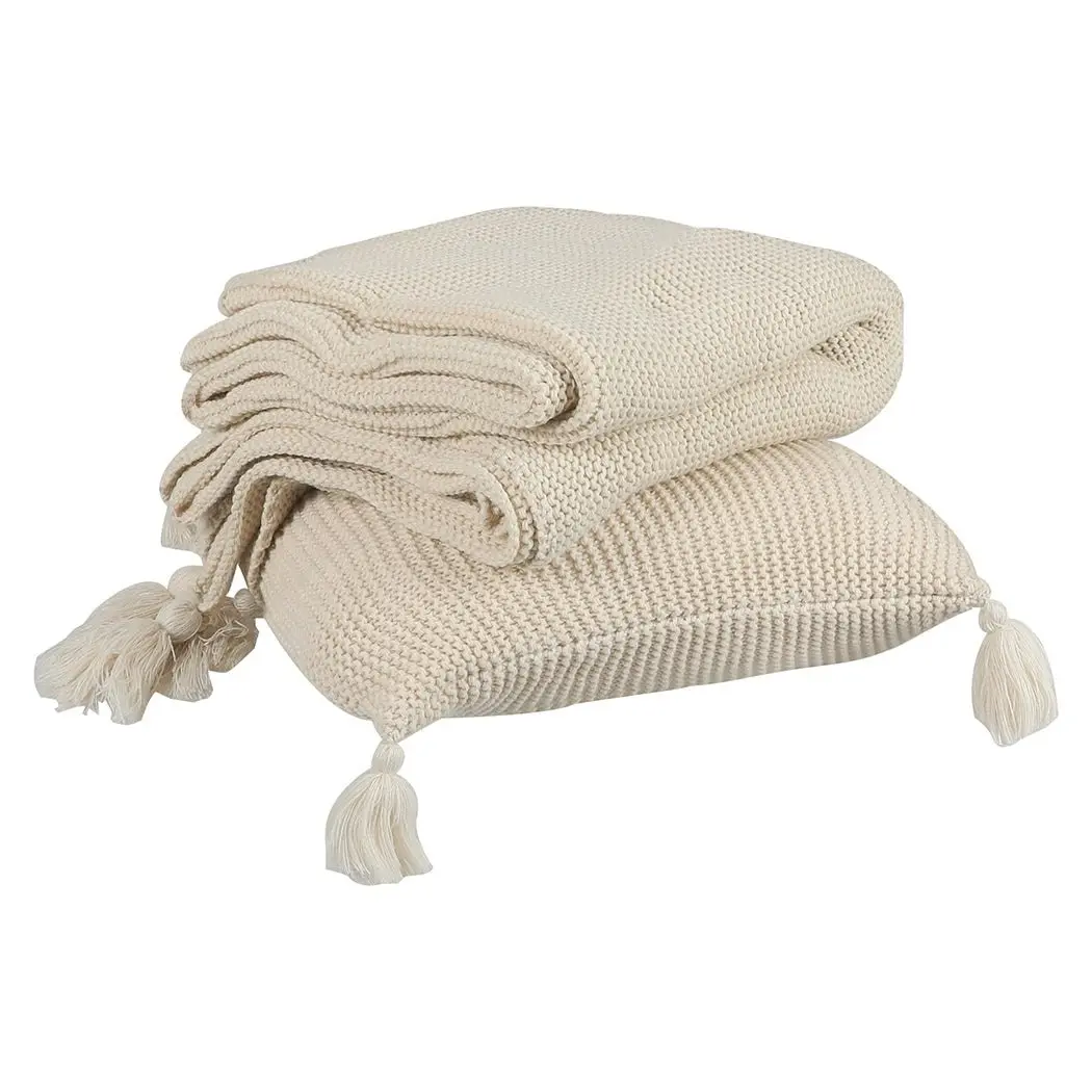 Dreamz Knitting Throw Blanket Cushion Set Pillow Tassel Fringe Sofa Bed Ivory