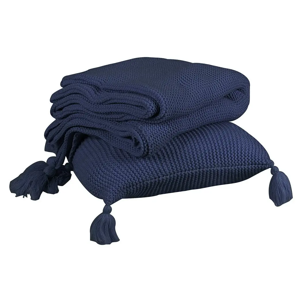 Dreamz Knitting Throw Blanket Cushion Set Pillow Tassel Fringe Sofa Bed Rug Navy