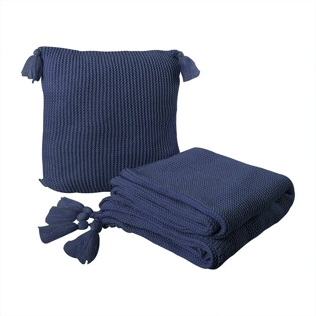 Dreamz Knitting Throw Blanket Cushion Set Pillow Tassel Fringe Sofa Bed Rug Navy