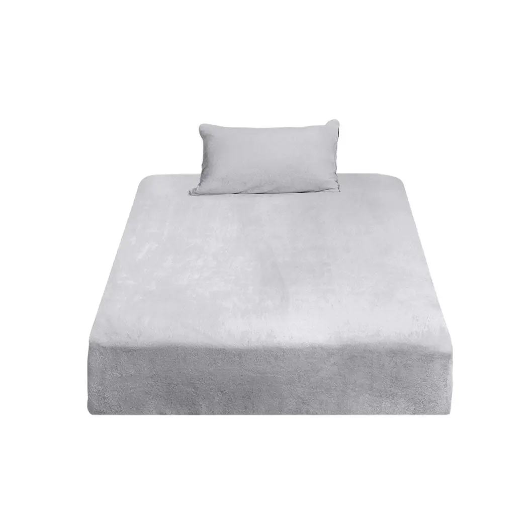 Dreamz Fitted Bed Sheet Set Pillowcase Flannel Single Size Winter Warm Silver