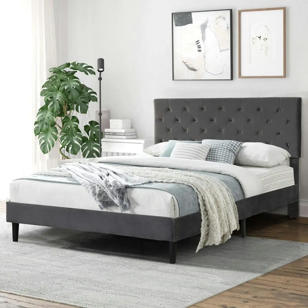 Levede Bed Frame Double Size Mattress Base Platform Wooden Velvet Headboard Grey