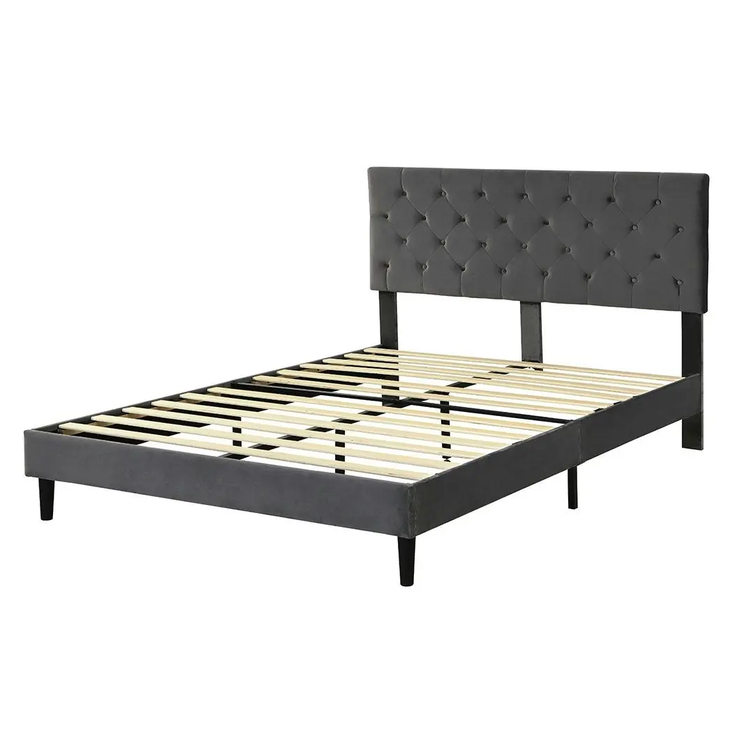 Levede Bed Frame Double Size Mattress Base Platform Wooden Velvet Headboard Grey