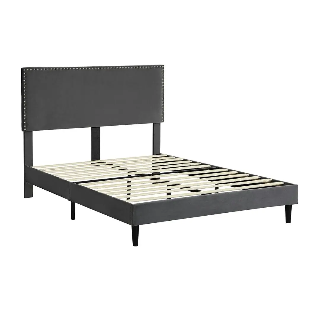 Levede Bed Frame Double Size Mattress Base Platform Wooden Velvet Headboard Grey