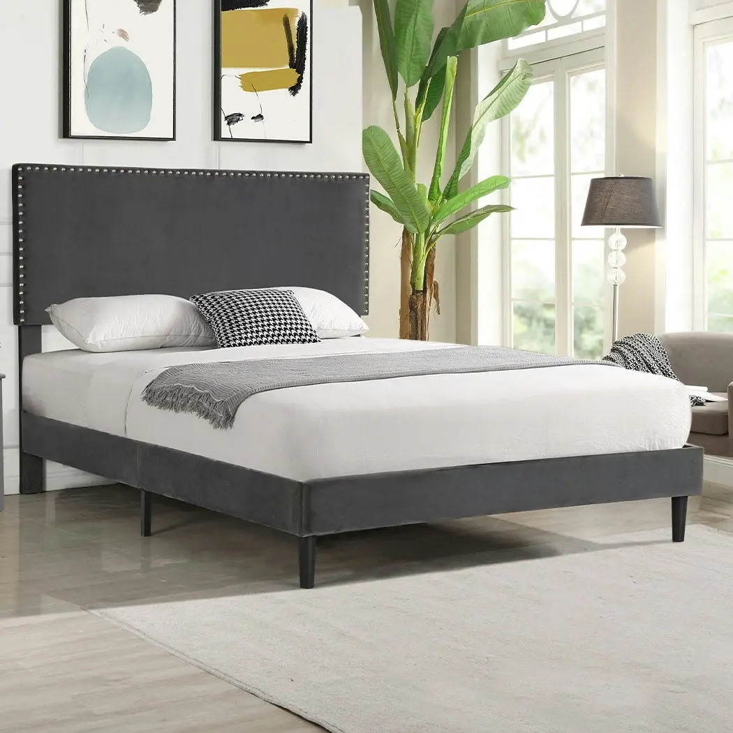 Levede Bed Frame Double Size Mattress Base Platform Wooden Velvet Headboard Grey