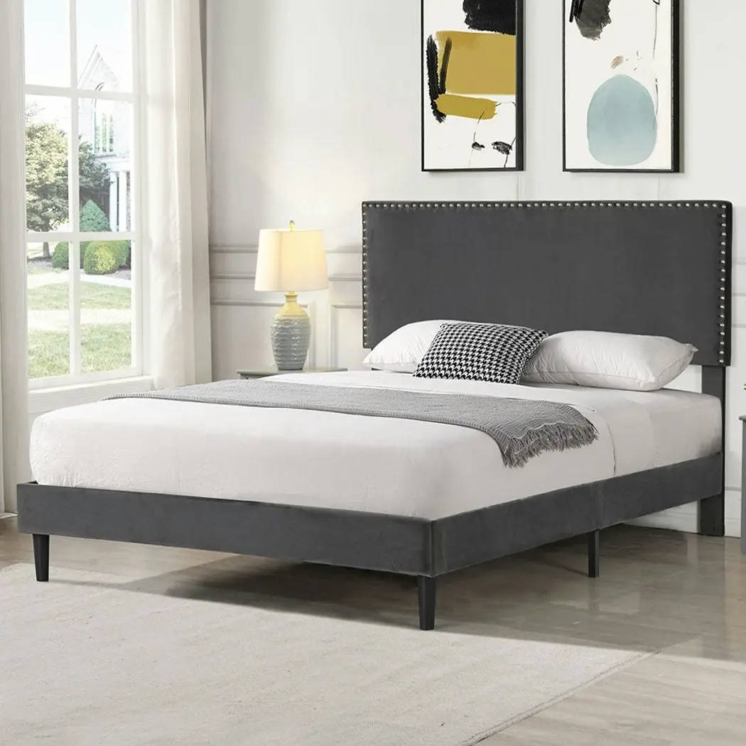 Levede Bed Frame Double Size Mattress Base Platform Wooden Velvet Headboard Grey