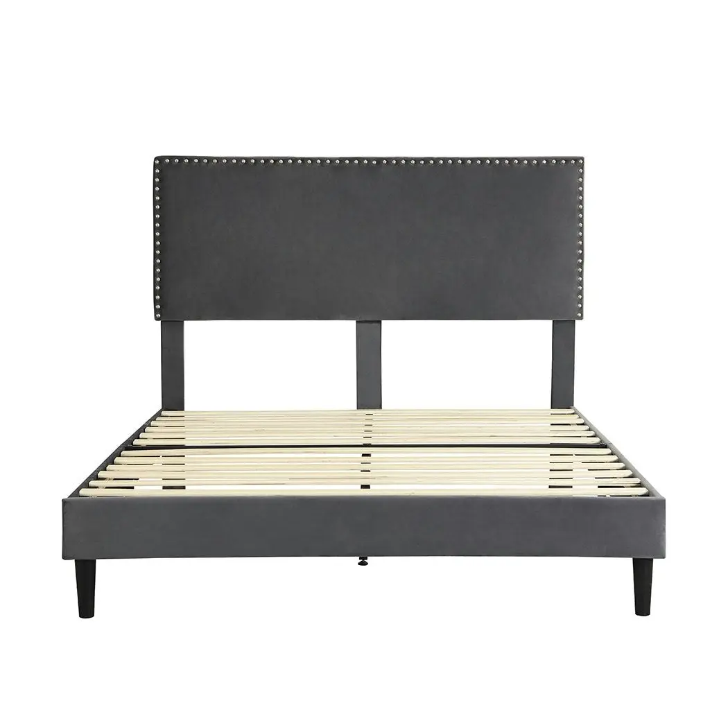 Levede Bed Frame Double Size Mattress Base Platform Wooden Velvet Headboard Grey