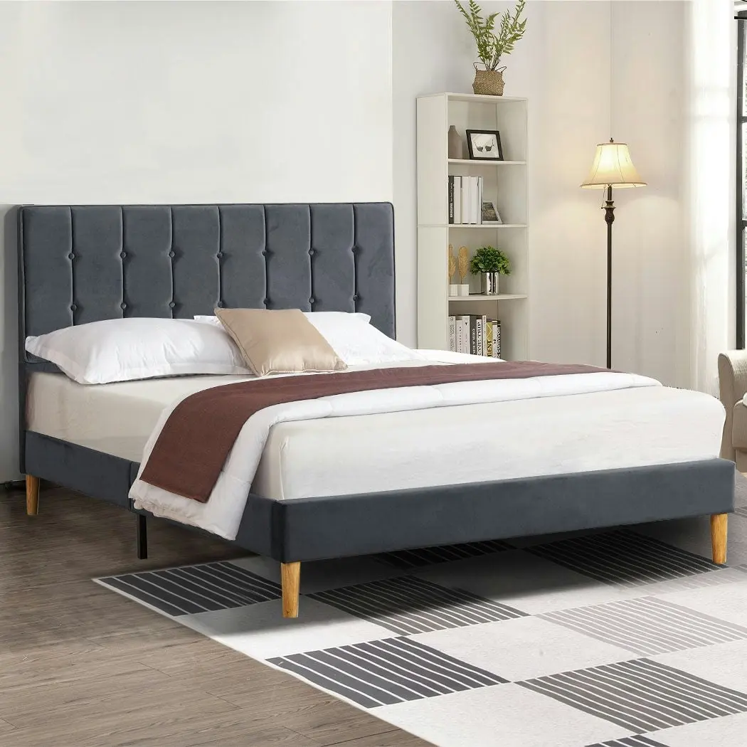 Levede Fabric Bed Frame Double Mattress Base Platform Wood Velvet Headboard Grey