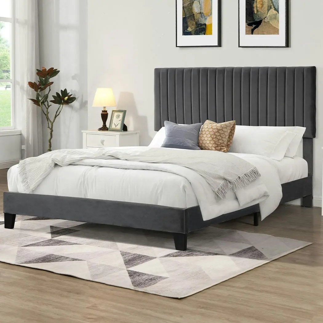 Levede Bed Frame Queen Size Mattress Base Platform Wooden Velvet Headboard Grey