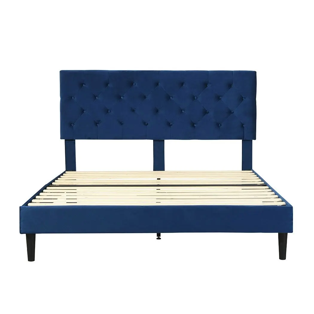 Levede Bed Frame Queen Size Mattress Base Platform Wooden Velvet Headboard Blue