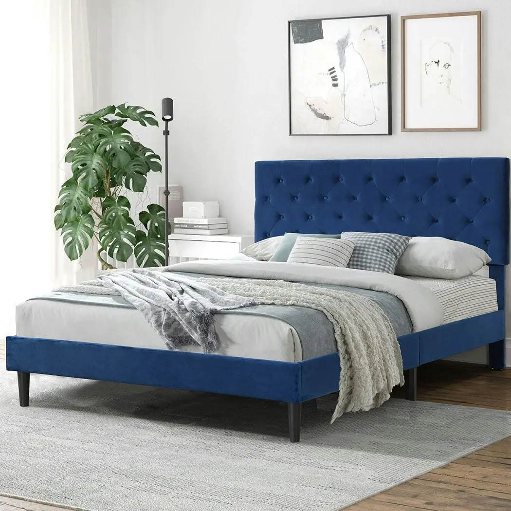 Levede Bed Frame Queen Size Mattress Base Platform Wooden Velvet Headboard Blue