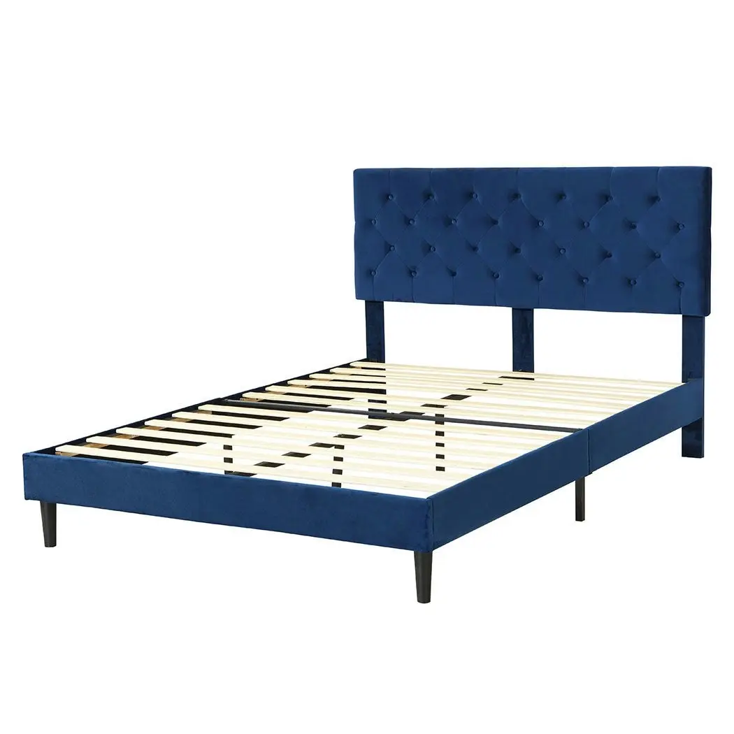 Levede Bed Frame Queen Size Mattress Base Platform Wooden Velvet Headboard Blue