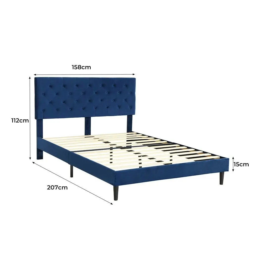 Levede Bed Frame Queen Size Mattress Base Platform Wooden Velvet Headboard Blue