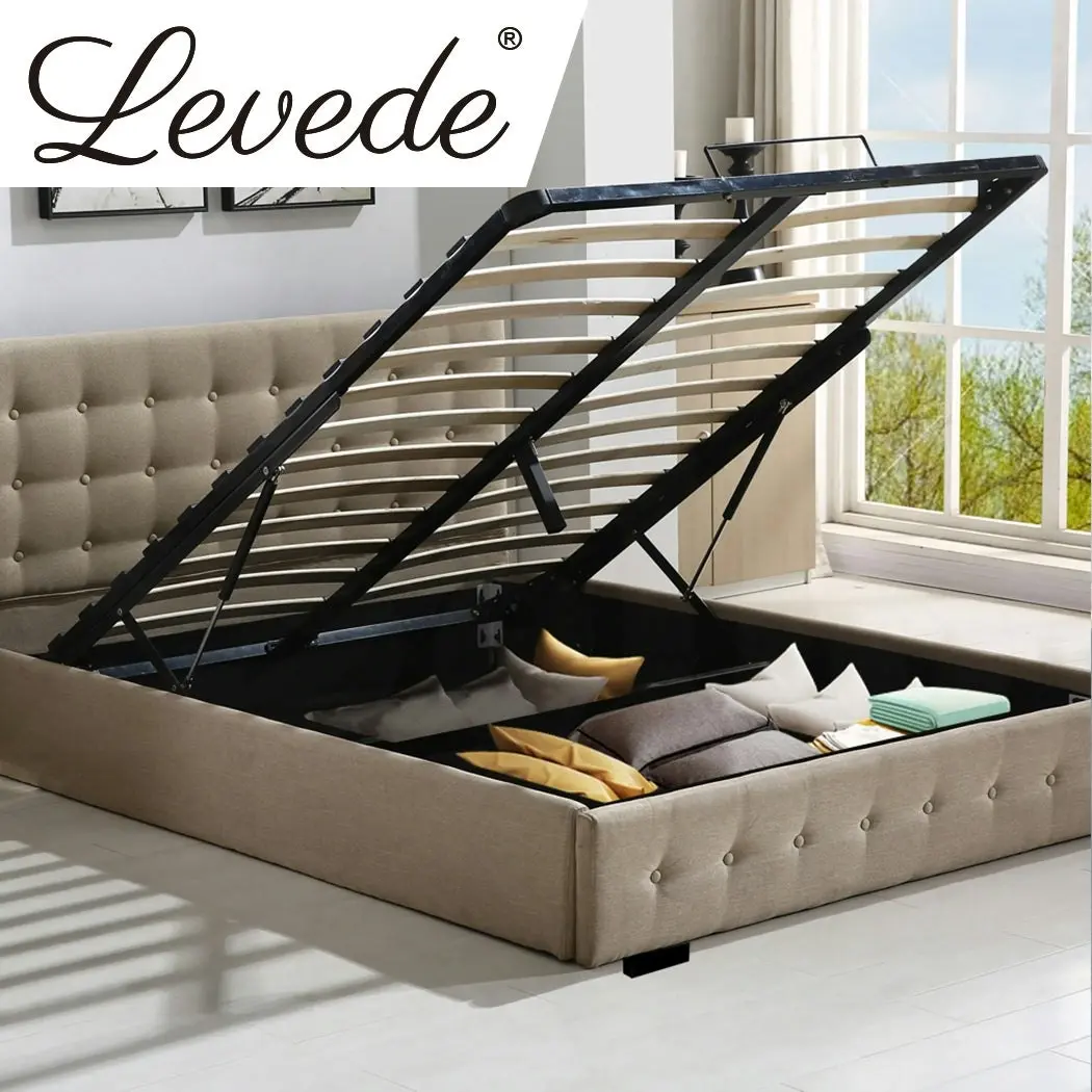 Levede Fabric Bed Frame Queen Tufted Mattress Platform Gas Lift Storage Beige