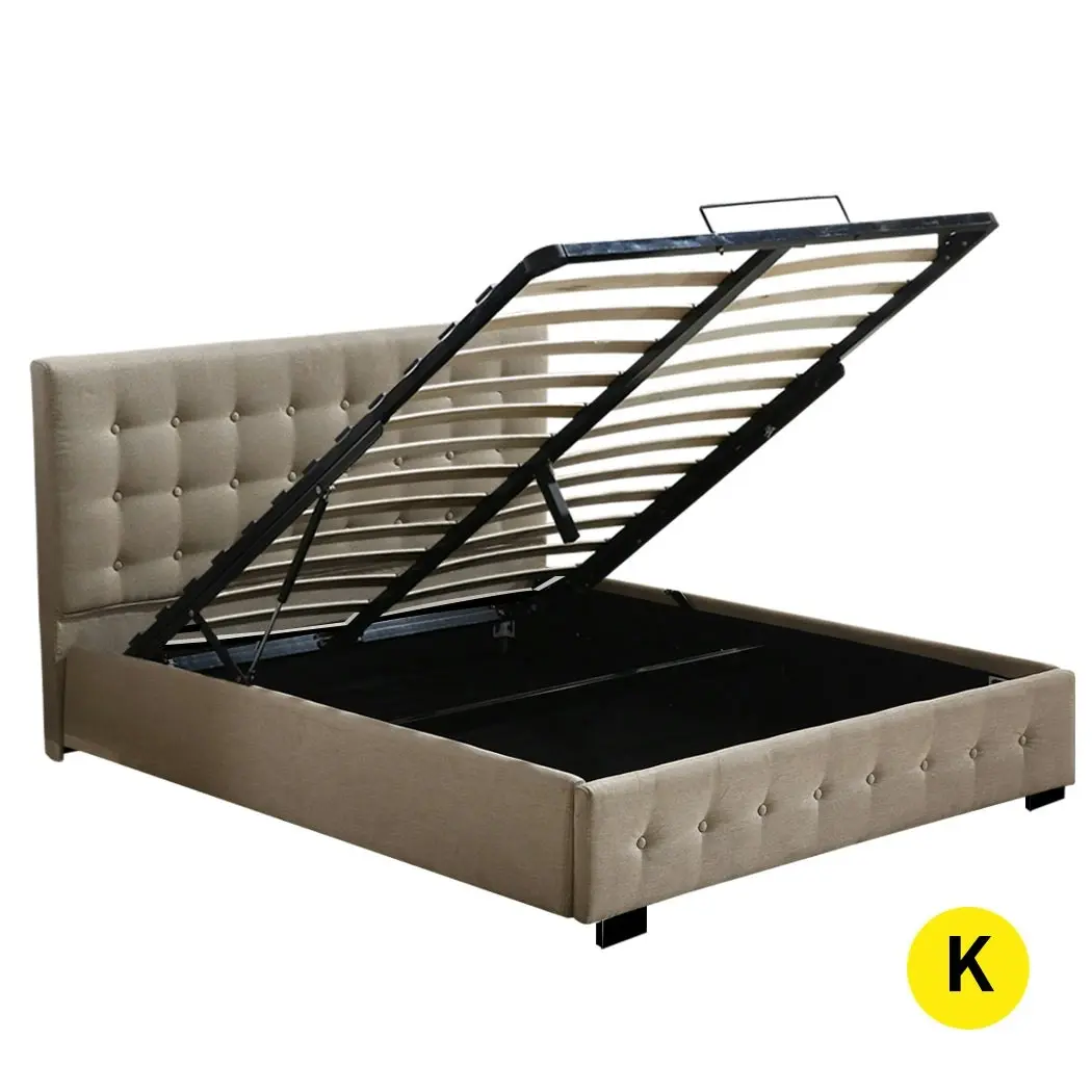 Levede Fabric Bed Frame King Tufted Mattress Platform Gas Lift Storage Beige