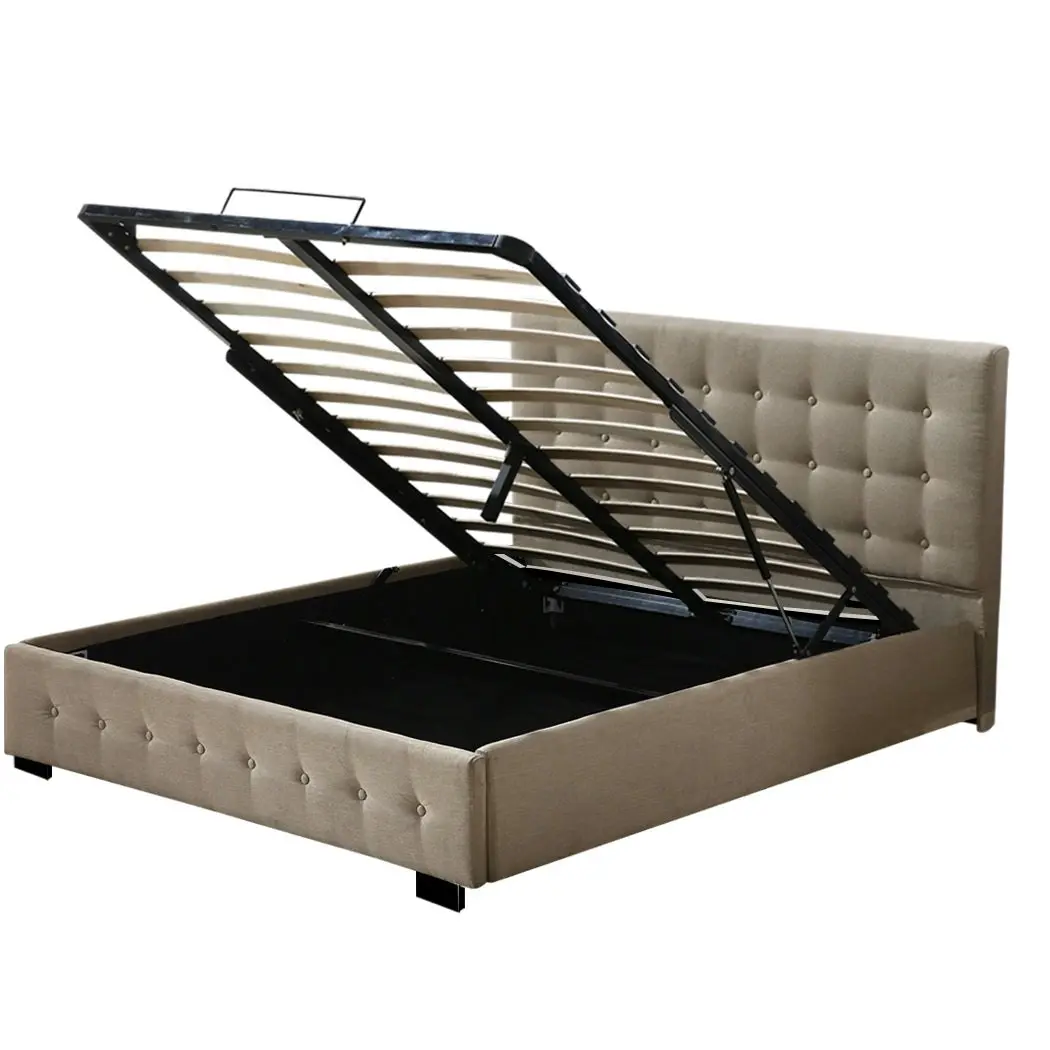 Levede Fabric Bed Frame King Tufted Mattress Platform Gas Lift Storage Beige