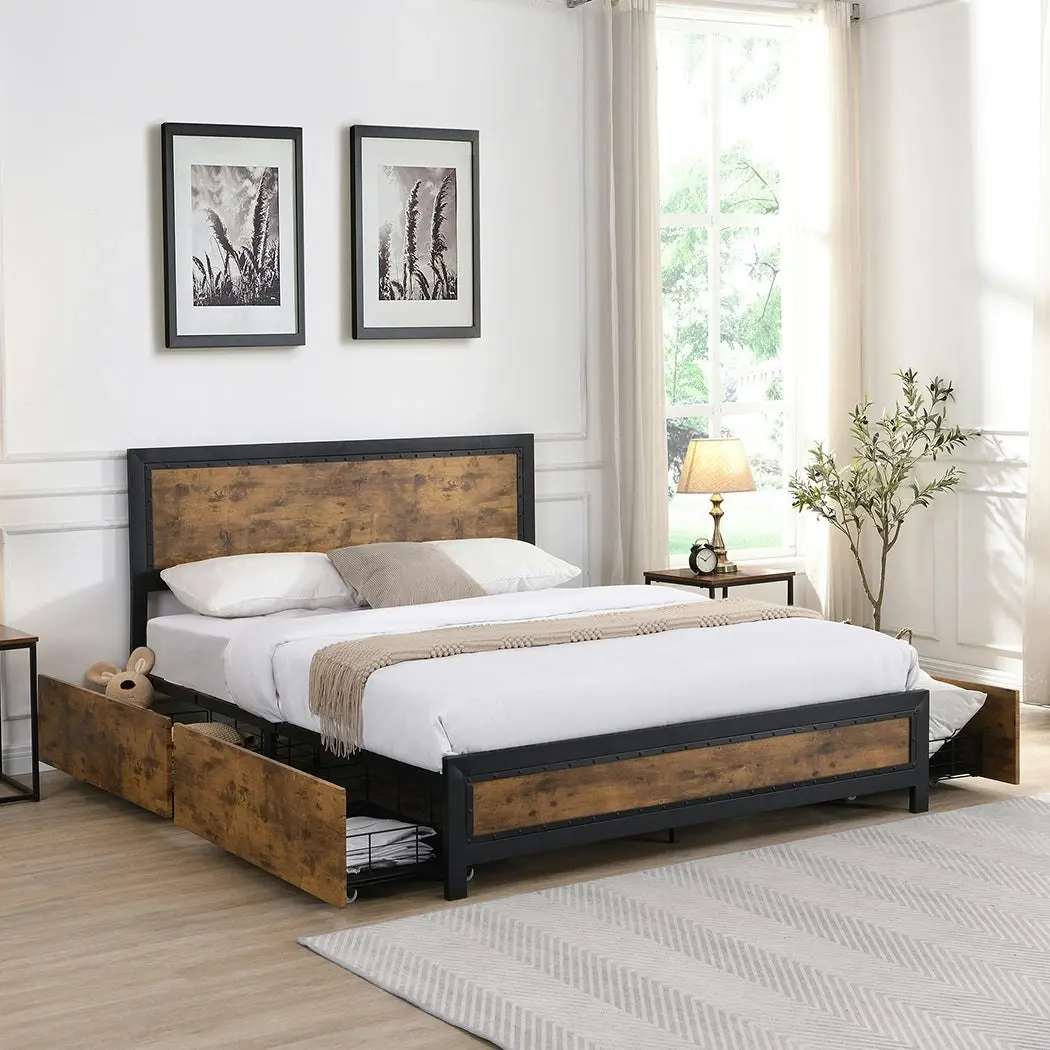 Levede Metal Bed Frame Double Mattress Base Platform Wooden 4 Storage Drawers