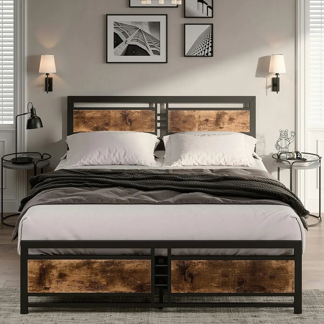 Levede Metal Bed Frame Double Mattress Base Platform Wooden Headboard Industrial