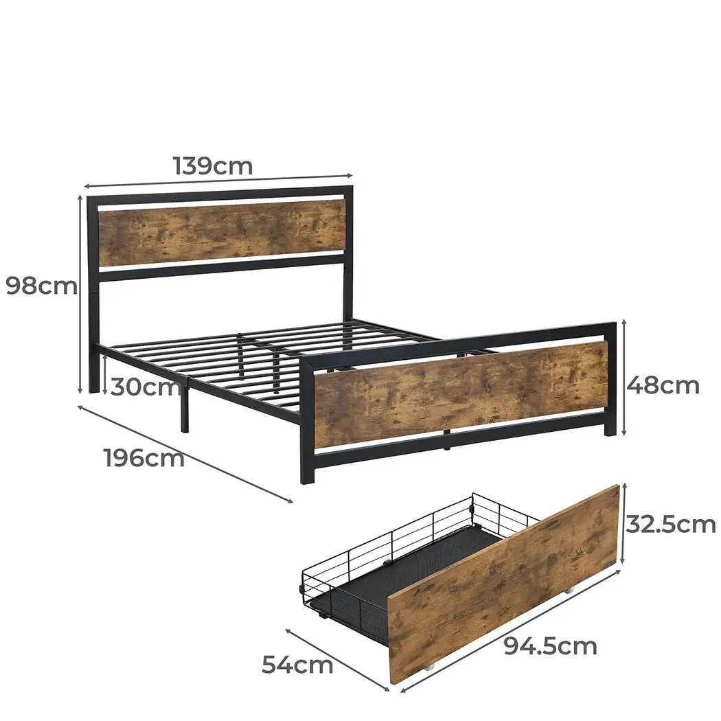 Levede Industrial Bed Frame Double Mattress Base Wooden 4 Storage Drawers