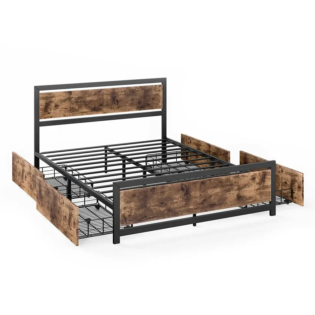 Levede Industrial Bed Frame Double Mattress Base Wooden 4 Storage Drawers