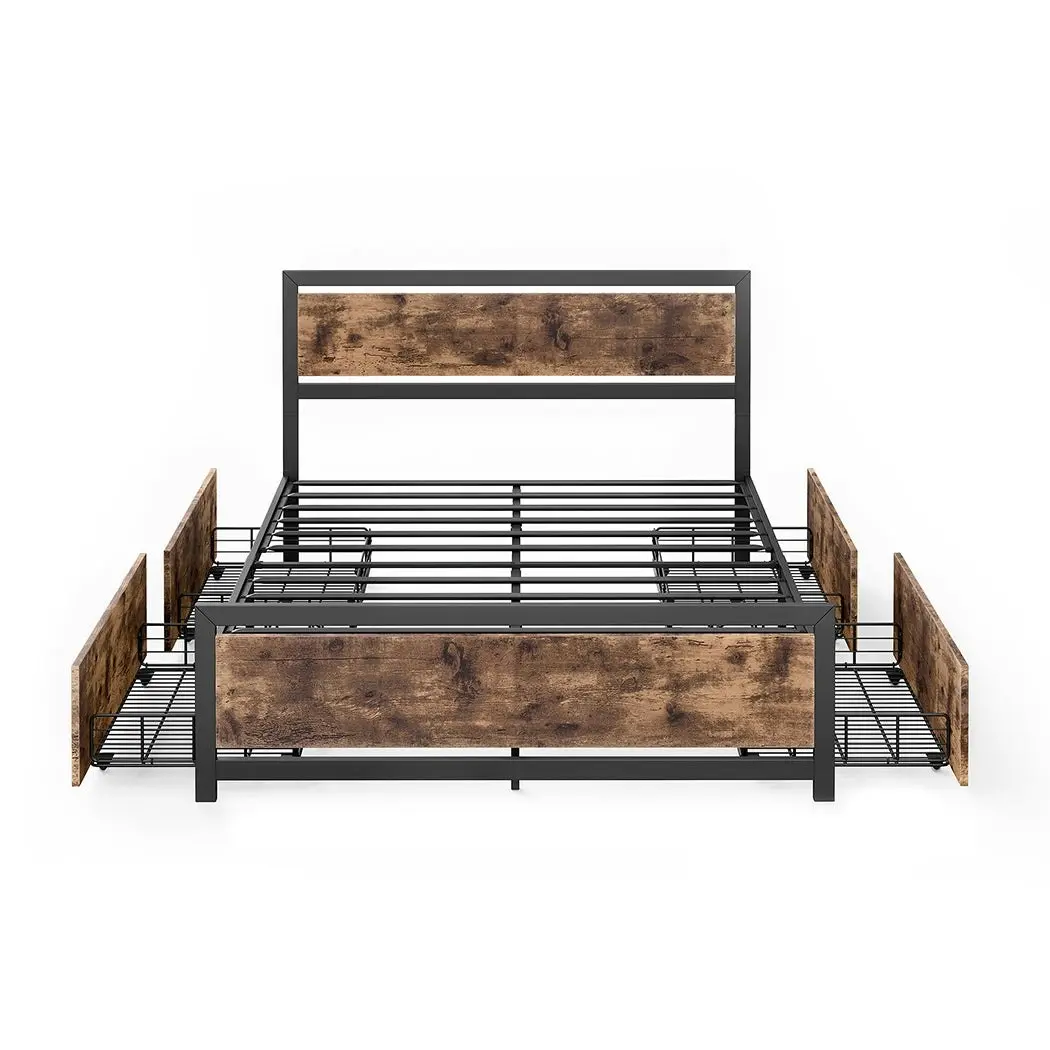 Levede Industrial Bed Frame Double Mattress Base Wooden 4 Storage Drawers