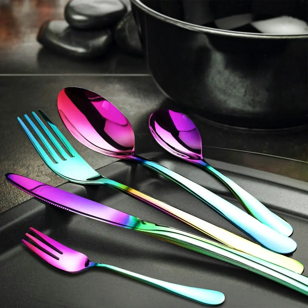 Stainless Steel Cutlery Set Glossy Knife Fork Spoon Teaspoon Child Rainbow 30pcs