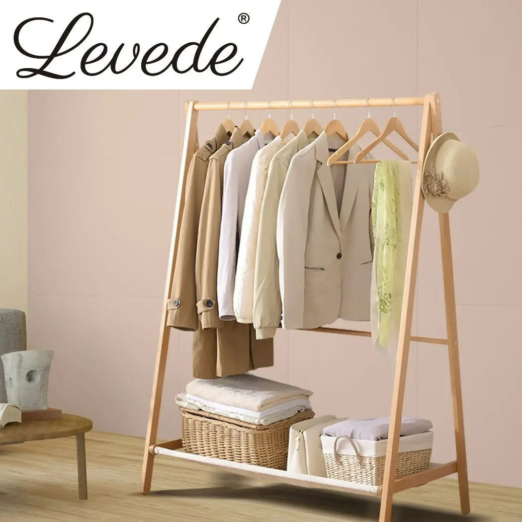 Levede Clothes Rack Wooden Wardrobe Garment Coat Hanging Rail Shoe Storage 120cm