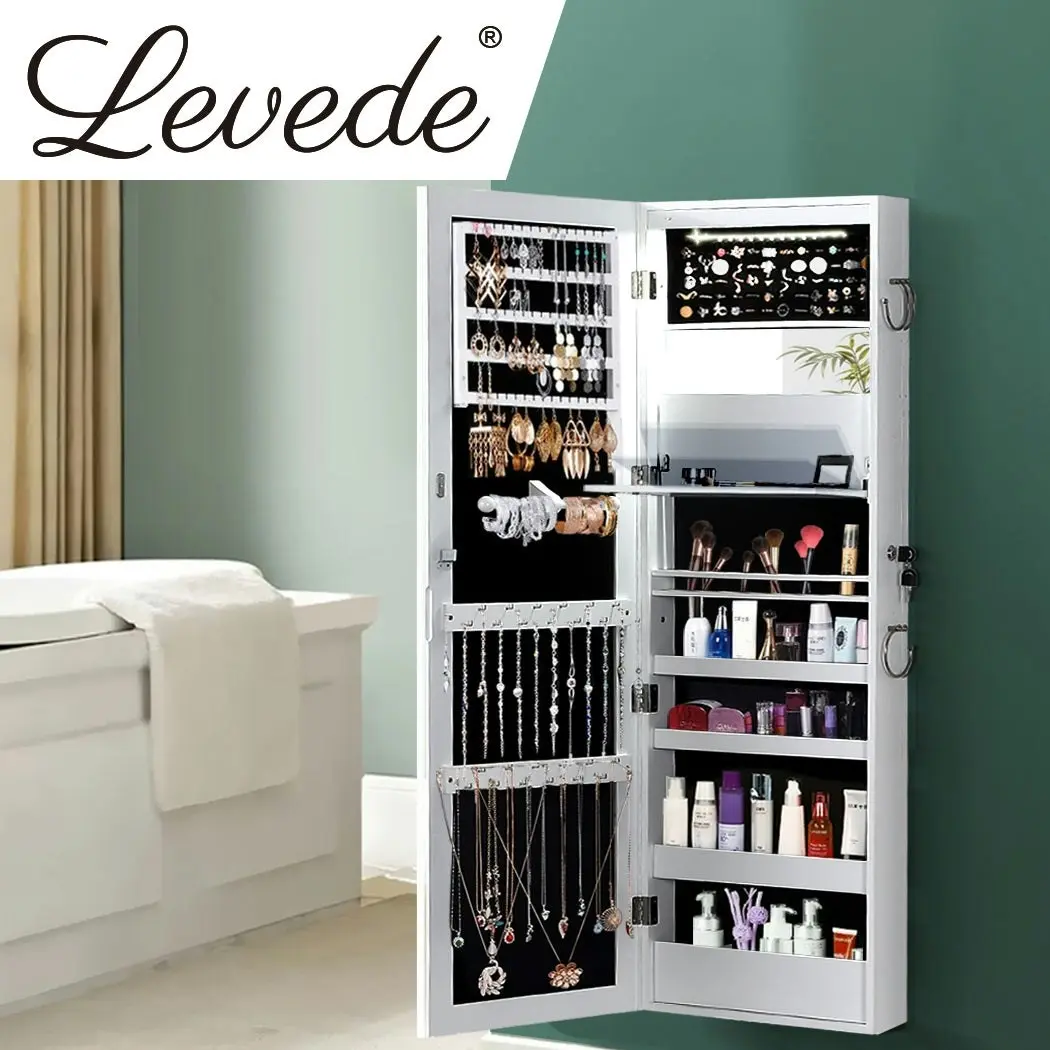 Levede Mirror Jewellery Cabinet Jewelry Box Wall Mounted Hang Over LED White