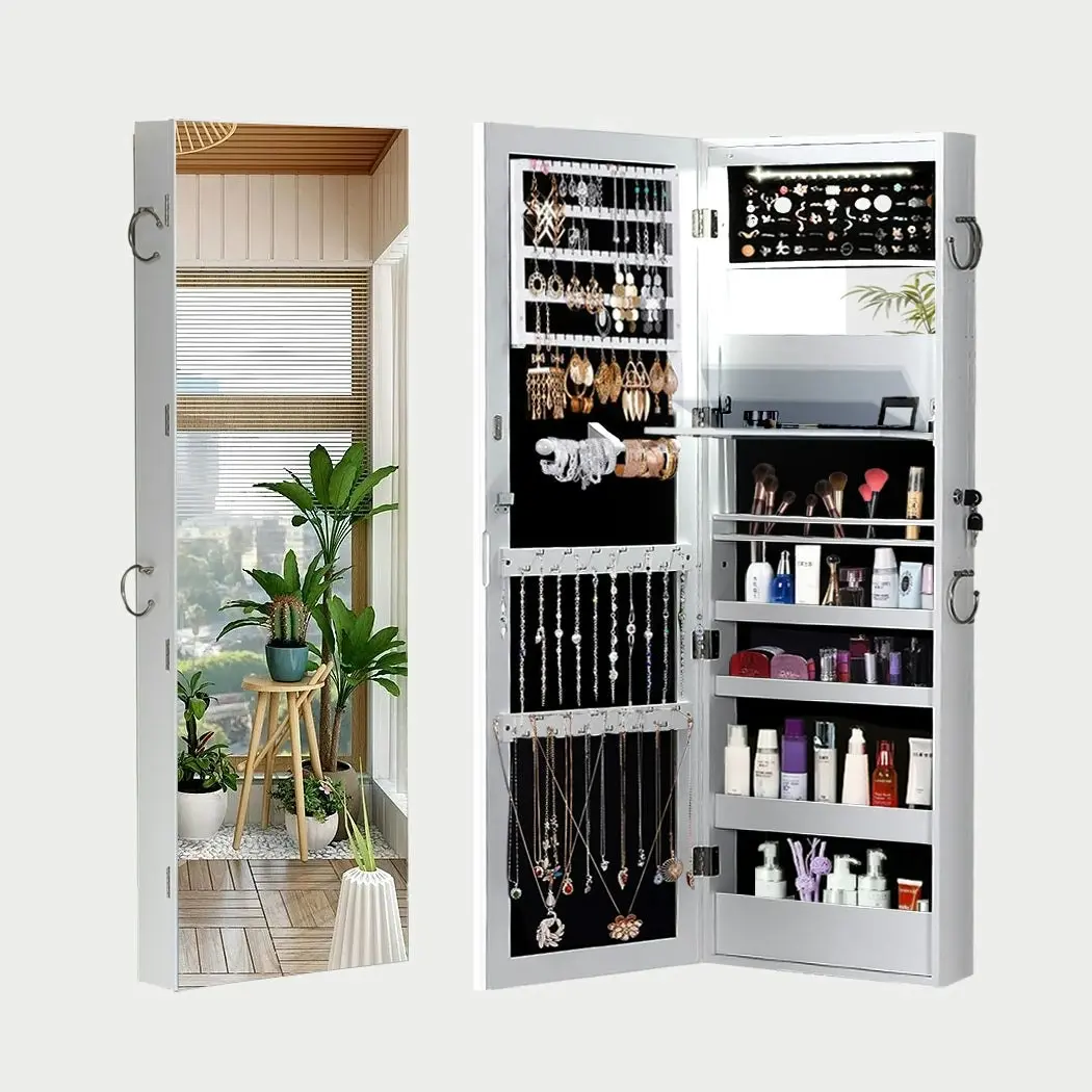 Levede Mirror Jewellery Cabinet Jewelry Box Wall Mounted Hang Over LED White