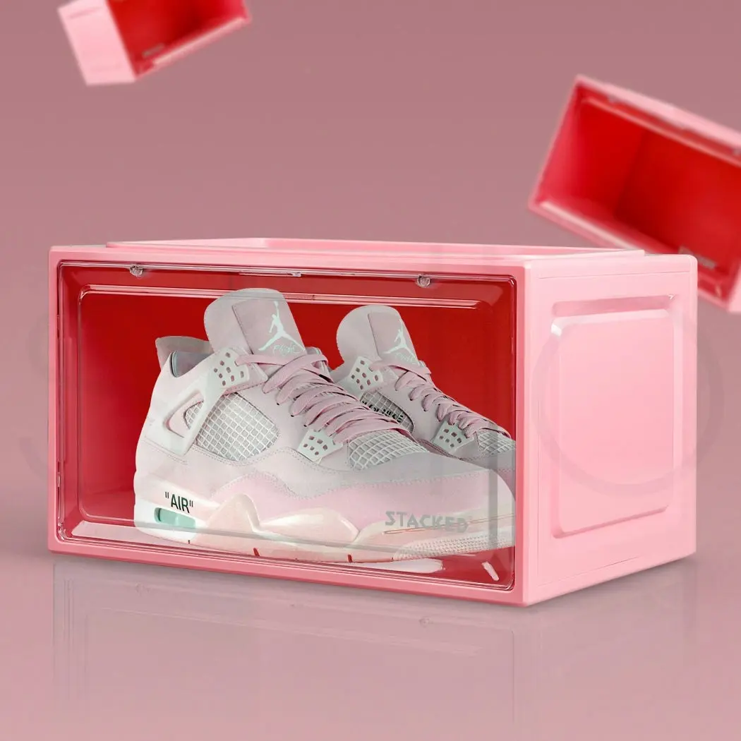 Stacked Sneaker Display Case Stackable Shoe Storage Box Clear Magnetic Pink