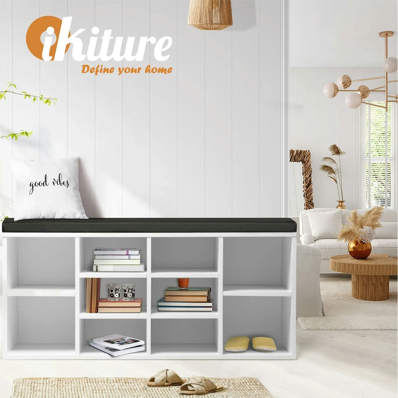 Oikiture Shoe Cabinet Bench Shoe Storage Rack PU Padded Seat Organiser Cupboard White&Black