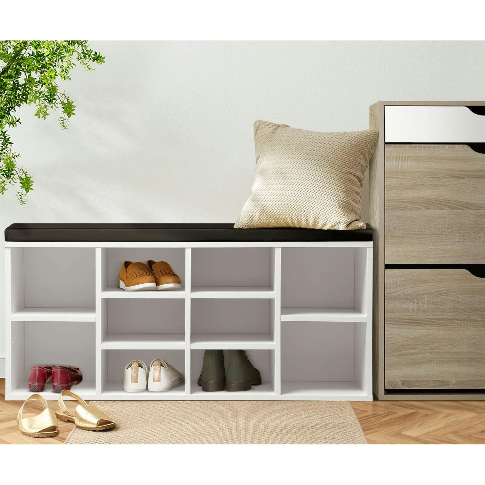 Oikiture Shoe Cabinet Bench Shoe Storage Rack PU Padded Seat Organiser Cupboard White&Black