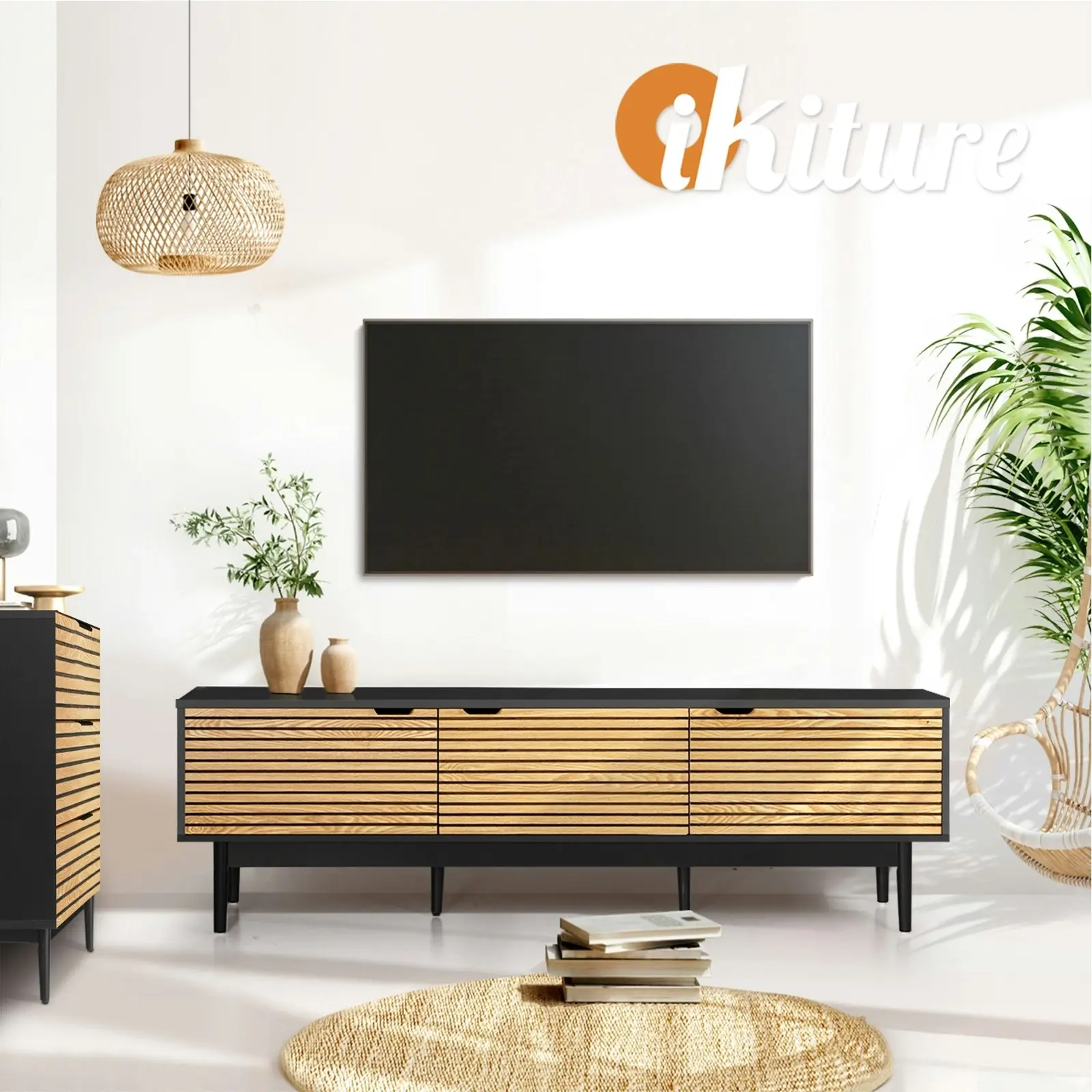 Oikiture TV Cabinet Entertainment Unit Stand Storage Three Door 160CM