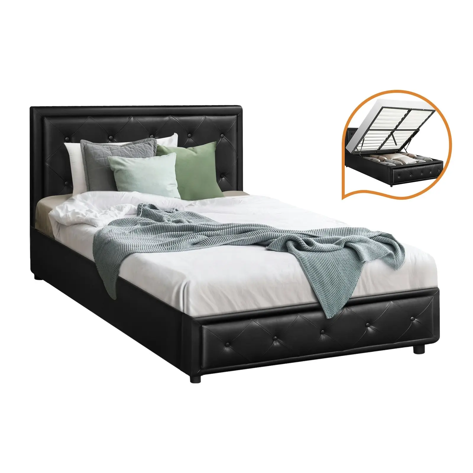 Oikiture Bed Frame King Single Size Gas Lift Base With Storage Black Leather